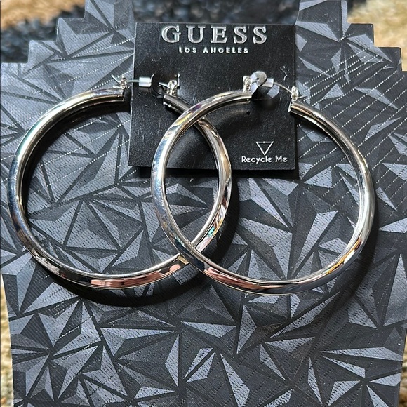 Guess Silver Statement Hoop Earrings 3 inch Hoop Silver NWT Gifts Silver Hoops - Picture 1 of 7